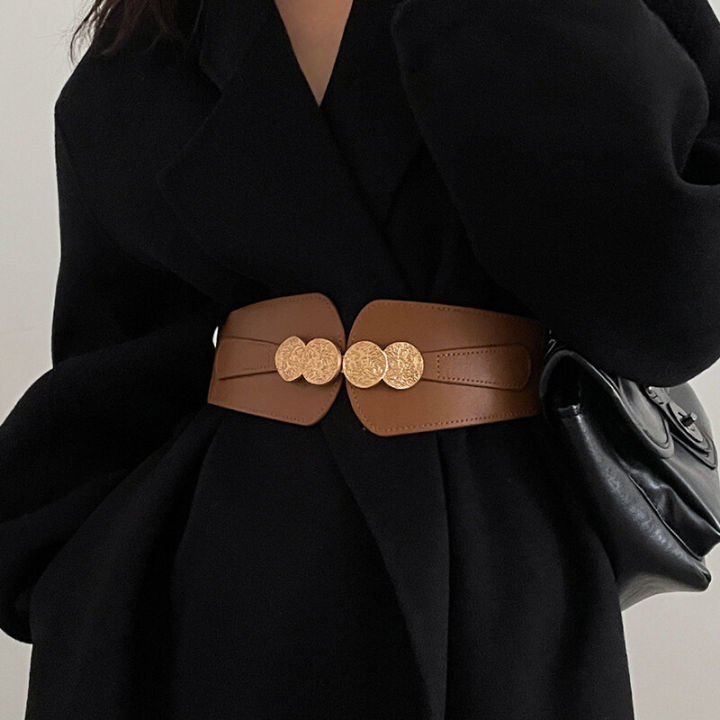 FAITOLAGI Matte PU Tape Belt Gold Round Bluckle Leather Belts