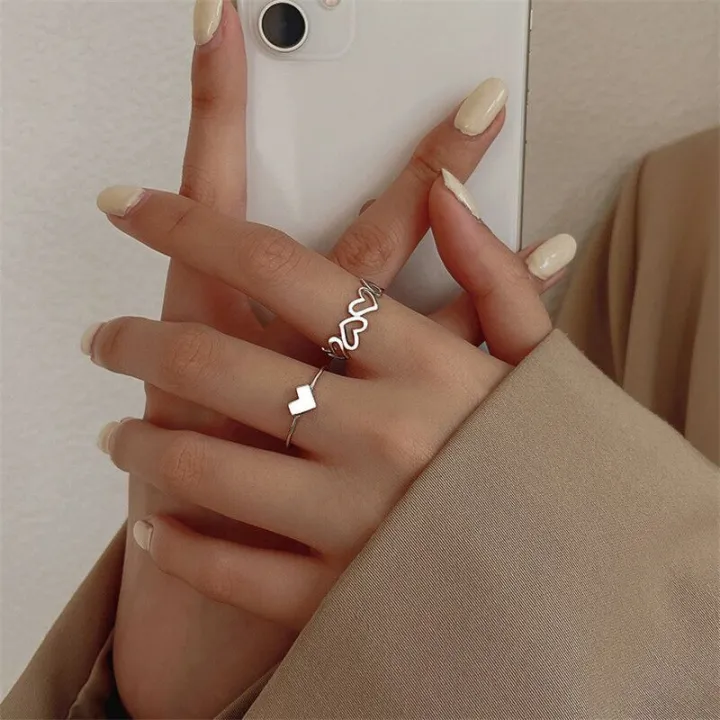 2Pcs/Set%20Simple%20Silver%20Heart%20Rings%20Ins%20Girl%20New%20-%20Image%206