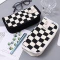 Multifunctional Stationery Storage Bag Black White Checkerboard Pattern Zipper Bag Large Capacity Canvas Pencil Case Portable Travel Makeup Tool Organizer. 