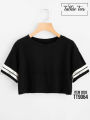 Black Women Crop T Shirt with Sleeve Two White Line Print | TT9064 , crop top for women. 