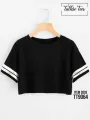 Black Women Crop T Shirt with Sleeve Two White Line Print | TT9064 , crop top for women. 