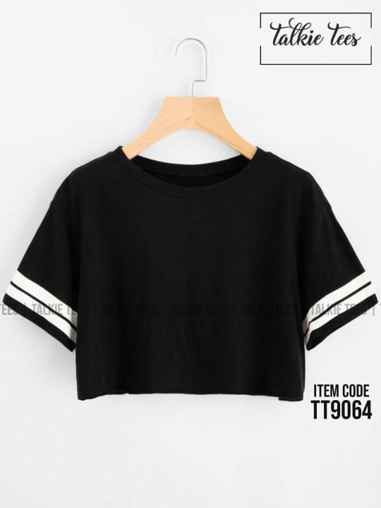 Black%20Women%20Crop%20T%20Shirt%20with%20Sleeve%20Two%20White%20Line%20Print%20%7C%20TT9064%20,%20crop%20top%20for%20women%20-%20Image%204