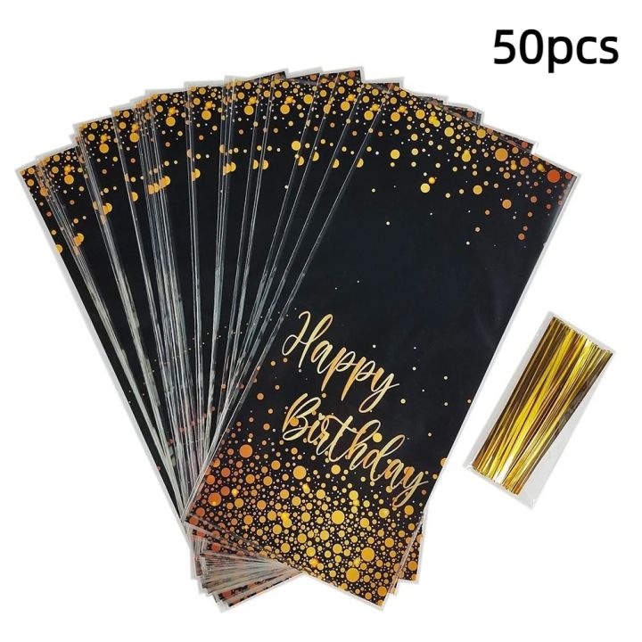 50pcs Gold Black Gift Bags Quality Happy Birthday Gold Dot Cookie Bags Plastic Waterproof Candy Bags Party