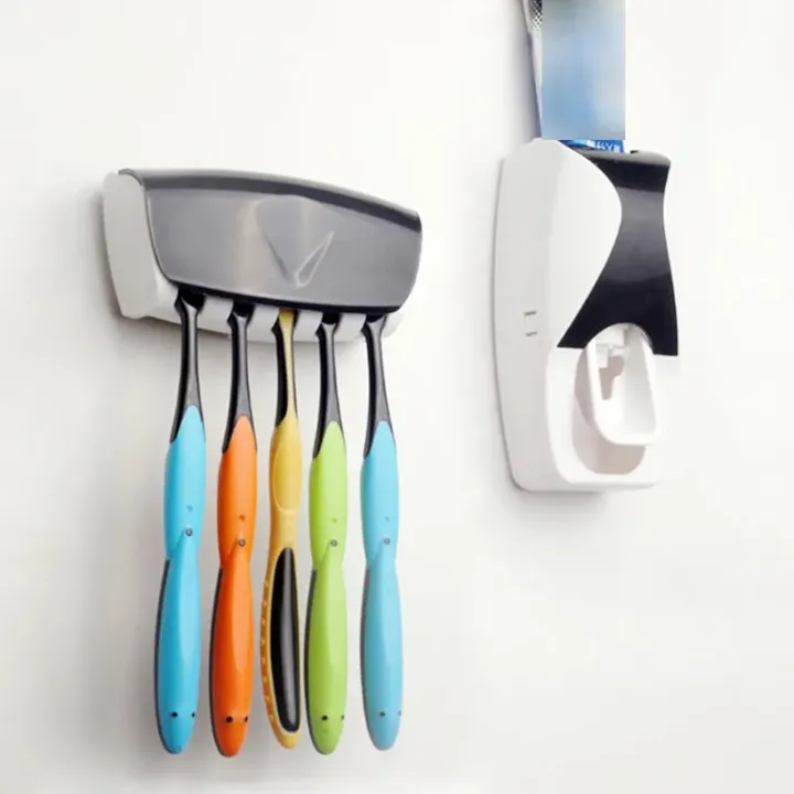 Automatic Toothpaste Dispenser Wall Mount Dust-proof Toothbrush Holder Wall Mount Storage Rack Bathroom Accessories Set Squeezer  Automatic Toothpaste Dispenser With Automatic Toothpaste Squeezing Device Toothbrush Holder Set Toothbrush Holder