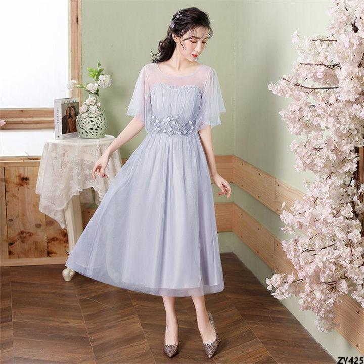 Graduation%20Gray%20New%20Section%20Bridesmaid%20Slim%20Fit%202023%20Dress%20Mid-Length%20Elegant%20Sisters%20Summer%20Tuoxian%20Korean%20Style%20Clothes%20Wedding%20-%20Image%206