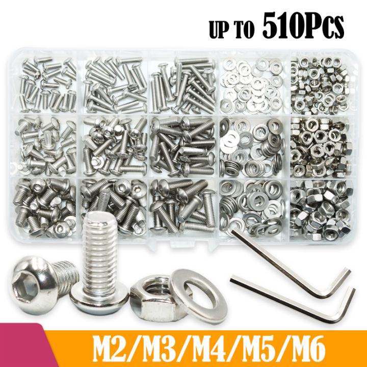A2 304 Stainless Steel Screw Hex Socket Screw Nut Washer M2 M3 M4 M5 M6 Hexagon Metric Thread Machine Allen Bolt Assortment Kit