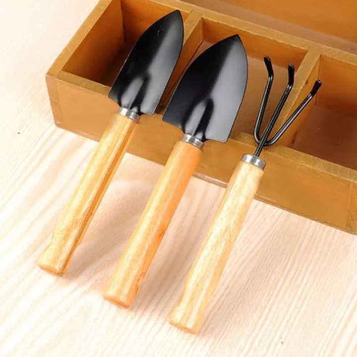 3 PCS Garden Plant Tools Mini Wooden Handle Shovel Rake Spade Bonsai Succulent Tools Kit