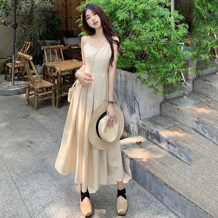 Korean%20High%20Waist%20Pleated%20Long%20Dress%20Ladies%20Summer%20Casual%20Sleeveless%20Holiday%20Beach%20Vestidos%20Elegant%20Spaghetti%20Strap%20Maxi%20Dresses%20-%20Image%203