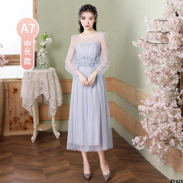 Graduation%20Gray%20New%20Section%20Bridesmaid%20Slim%20Fit%202023%20Dress%20Mid-Length%20Elegant%20Sisters%20Summer%20Tuoxian%20Korean%20Style%20Clothes%20Wedding%20-%20Image%204