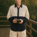 Lans Men's Cuban Collar Patchwork Long Sleeve Shirt – Stylish Contrast Design, Oversized Casual Wear ( S to 3XL ). 