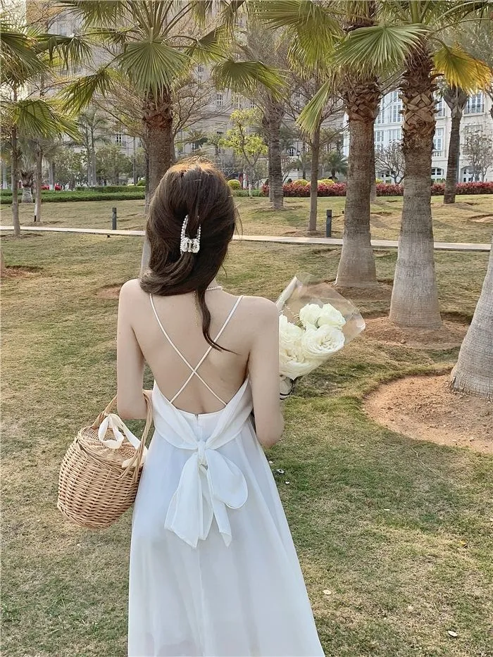 2023Summer New Style White Backless Bow Long Dress Women's Braces