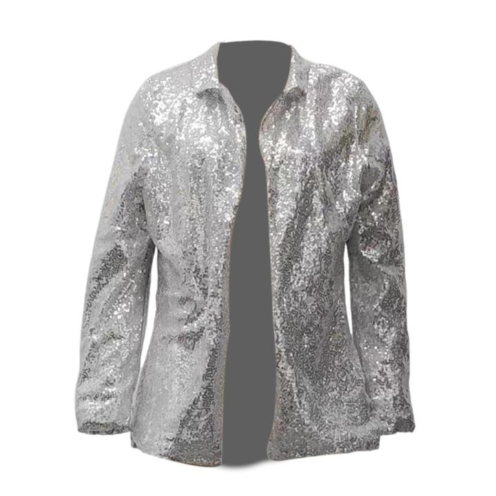 DESCENTE Women Sequin Suit Coat Sequins Decor Shiny Suit Jacket for Women Stylish Open Front Coat for Street Work Outfits Loose Fit Lapel Long Sleeve Design Sequined Suit Coat