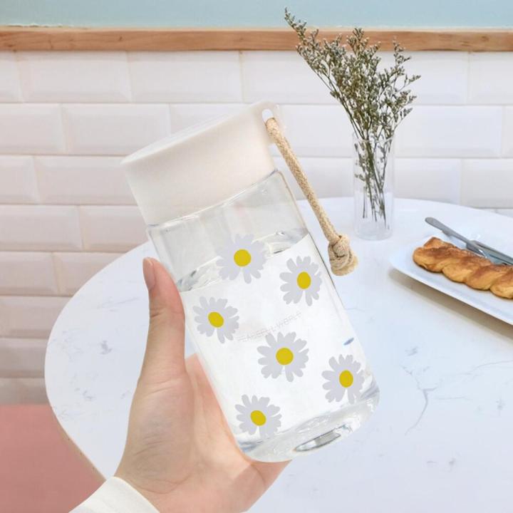 【HOT】 Daisy Water Bottles Transparent Plastic Water Cup With Rope Summer Frosted Water Cup Girl Kawaii Drink Bottle Tea Juice Mug