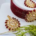 BOOM Adorable Gold-Plated maroon color crystal Pearl Choker Necklace Set for Women and girl With free box. 