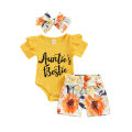 Baby Tops Shorts Suit, Short Sleeve Round Neck Knitting Romper Shirt Floral Print Kid Girl Pants + Headband. 