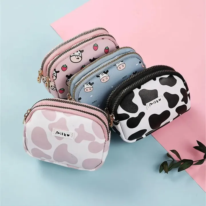 Cute Cow Pattern Coin Purse Women Card Wallet Students Double Pocket Zipper Bag ZH