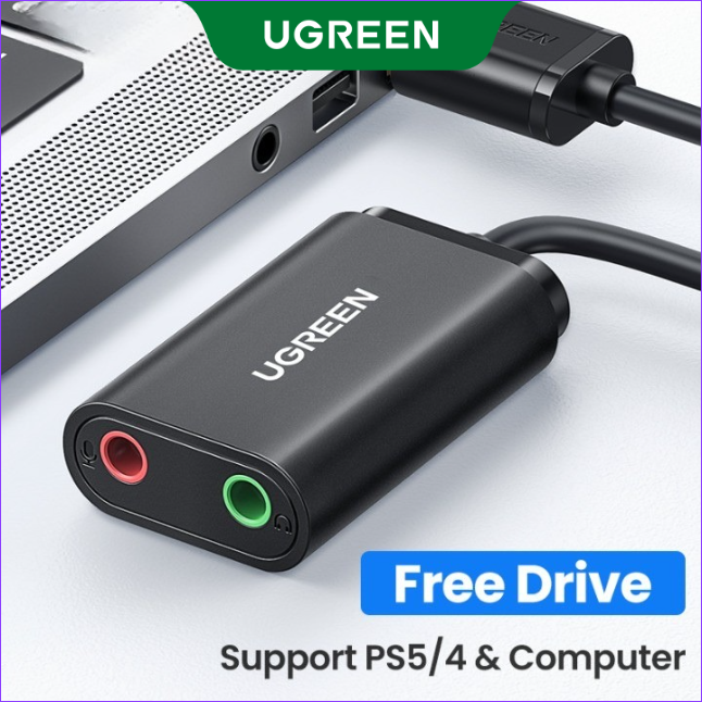 UGREEN USB Audio Adapter External Stereo Sound Card with 3.5mm Headphone Microphone Jack for Windows Mac Linux PC Laptops Desktops PS5