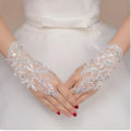 Wedding Bridal Lace Gloves Elegant Short White Lace Rhinestone Women’s Fingerless Gloves Wedding Accessories 100% Polyester and Rhinestone. 
