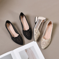 Genuine Leather 2024 New Hollow Glittering Diamond Spring and Summer Pointed Toe Breathable Wide Feet Mom Shoes Thick Heel Soft Bottom Fashion Small Pumps. 