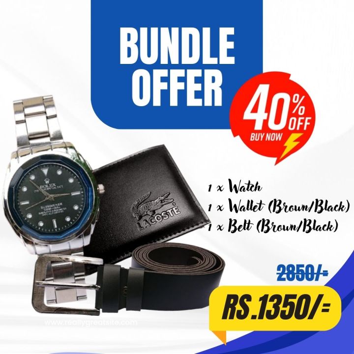 Watch for Men Stainless Steel + Free PU Leather Belt + Free Wallet | Bundle Offer Gift for Men