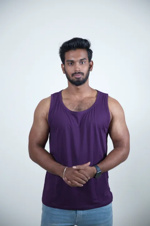 Moffi Essentials - Men's Skinny / Gym Vest -Purple Arm Cut Tank Top