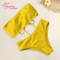 Muses Mall Bathing Suit Solid Color Bandeau Swimming Trunks Split Bikini Set. 