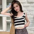 bellylady Summer Tank Tops For Women Cotton Trendy Striped Sleeveless Crop Tops Retro Contrast Color Ice Silk Pullover Vest. 