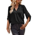 Yfashion Women V-neck Shirt Casual Long Sleeves Loose Tops Simple Solid Color Pullover Tops For Date Party Beach. 