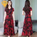 Comfo ble Soft Fabric Dress Floral Print V-neck Midi Dress for Women Stylish Office Party Wear with Flowy Hem Waist Tight Fit Short S ve Casual Dress. 