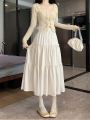 Summer New Korean Style High Waist A Word Cake Dress Design Sense Tree Fungus-like Lacework Patchwork Long Dress Rhinestone Skirt for Women. 