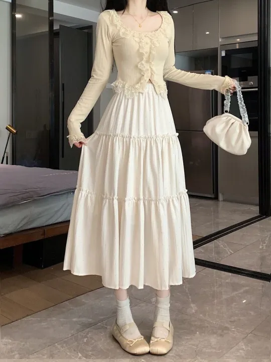 Summer%20New%20Korean%20Style%20High%20Waist%20A%20Word%20Cake%20Dress%20Design%20Sense%20Tree%20Fungus-like%20Lacework%20Patchwork%20Long%20Dress%20Rhinestone%20Skirt%20for%20Women%20-%20Image%207