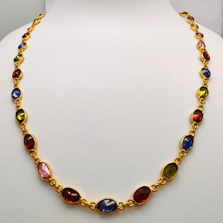 Gold%20plated%20Ladies%2018/24%20Inch%20Chain%20With%20Multi%20Colored%20Oval%20Stone%20chain%20for%20women%20-%20Image%202