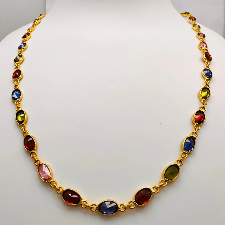 Gold%20plated%20Ladies%2018/24%20Inch%20Chain%20With%20Multi%20Colored%20Oval%20Stone%20chain%20for%20women%20-%20Image%202
