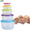 Round High Temperature Resistant Plastic Containers Set 5 Pieces/ 5 peices plastic bowl / tub set/ multicolor lid. 