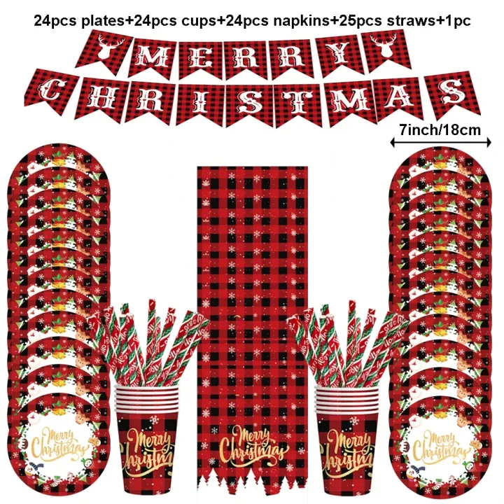 Christmas%20Disposable%20Paper%20Tableware%20Red%20Black%20Plaid%20Plate%20Cup%20Napkin%20Banner%20Straw%20Merry%20Christmas%20Decoration%202023%20Party%20Supplie%20-%20Image%205