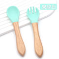 Children's Silicone Spoon with Wooden Handle Food Grade Soft Rubber Baby Feeding Tableware Can Bite Spork. 