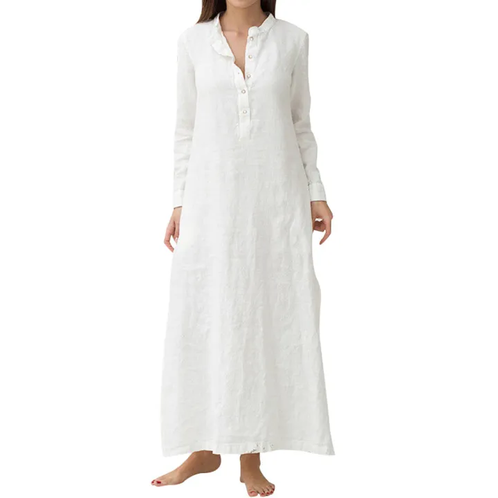 bellylady%20Women%20Dress%20Solid%20Color%20Cotton%20Linen%20Stand%20Collar%20Long%20Sleeve%20Casual%20Loose%20Long%20Skirt%20-%20Image%209