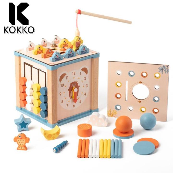 KOKKO 9 In 1 Toddler Activity Cube Shape Sorting & Matching Wooden Educational Toys Gifts For Boys And Girls