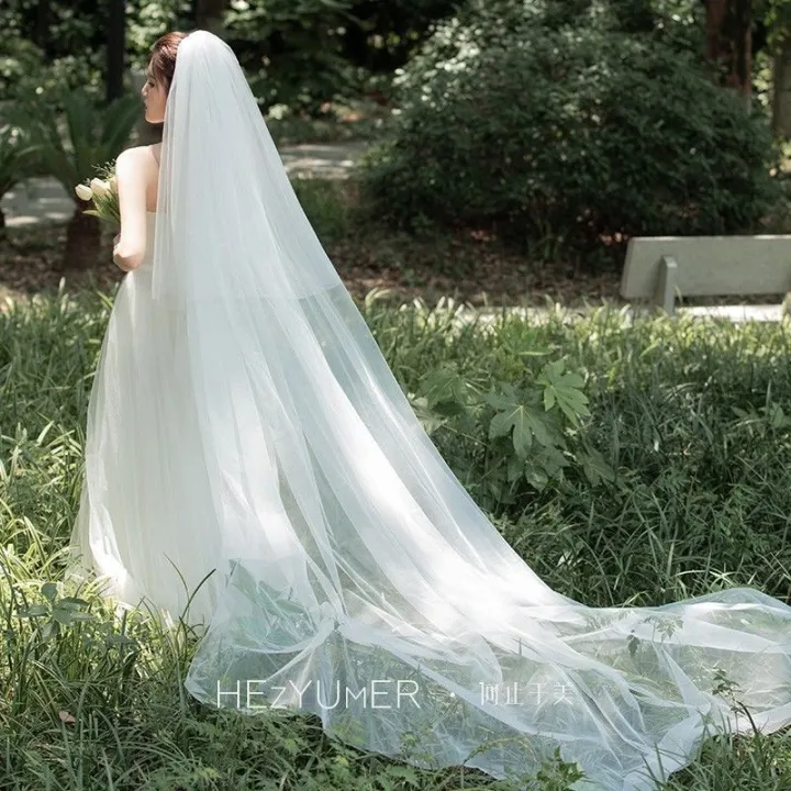 2024 New Double-Layer Bride Head 3 M-Long Four-Layer Floor-Length White Super Long Tail Main Wedding Dress Accessories with Hair Comb
