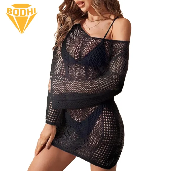 Summer Swimwear Cover-up Hollow Backless Crochet Swimsuit Cover-up for Summer Vacation Women's Sheer Knit Beach Swimwear Tunic Top Knit Swimdress Cover-up