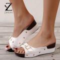 Zentora 1 Pair Women Slippers, Contrast Color Rivet Faux Leather Thick Heel, Wedges Shoe Little Holes Non-slip Women Sandals, Women Sandals Women Supply. 