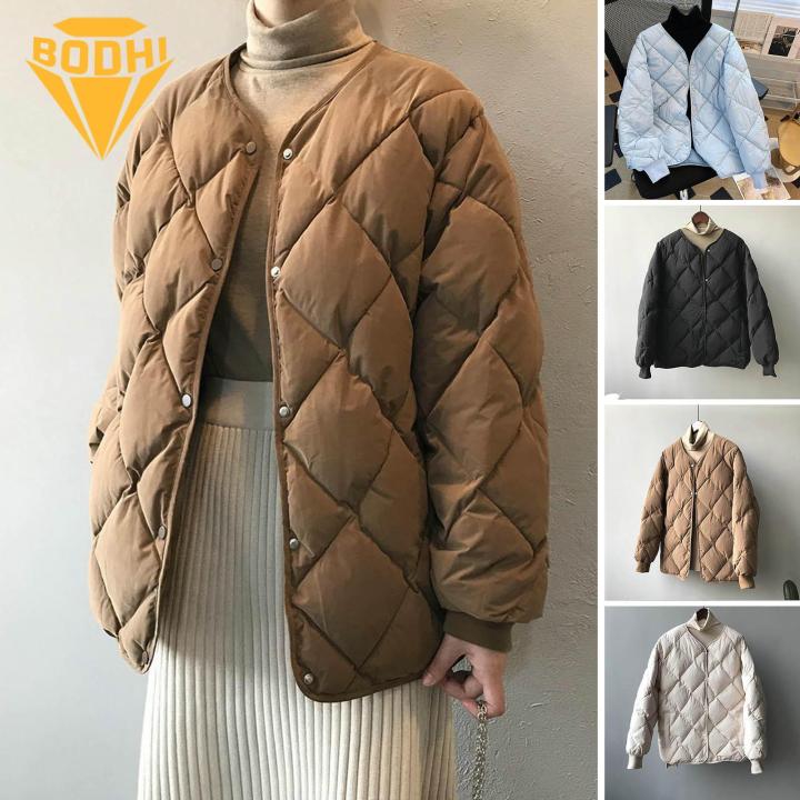 Women Cotton Coat Stylish V Neck Padded Coat for Women Warm Slim Fit Winter Jacket with Button Closure Pockets Rhombus Pattern Cotton Jacket