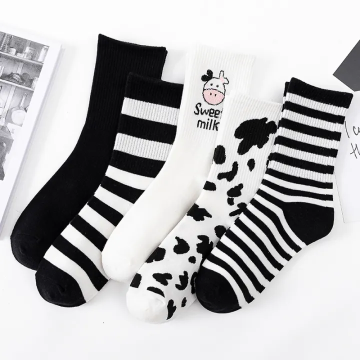 Spring And Summer Striped Socks Cow Print White Cartoon Calcitonin Harajuku’s Stall Cute Happy Socks