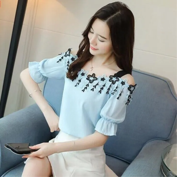 Summer%20Chiffon%20Blouses%20for%20Women%20off-Shoulder%20Strap%20Korean%20Style%20New%20off-Shoulder%20Short%20Sleeve%20Western%20Style%20Slimming%20Loose%20Bottoming%20Shirt%20for%20Women%20-%20Image%203
