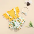 2Pcs Sweet Style Baby Girls Outfit, Toddlers Summer Floral/Lemon/Dot Printing Fly Sleeve Splicing Romper + Bow Headwear Set. 