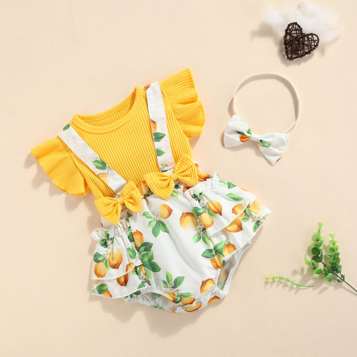 2Pcs%20Sweet%20Style%20Baby%20Girls%20Outfit,%20Toddlers%20Summer%20Floral/Lemon/Dot%20Printing%20Fly%20Sleeve%20Splicing%20Romper%20+%20Bow%20Headwear%20Set%20-%20Image%203