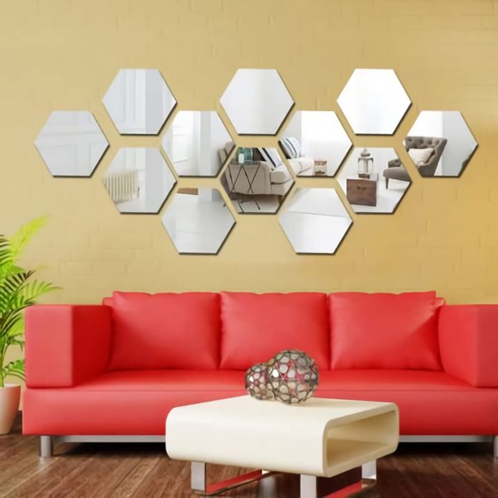 WallDaddy Mirror Stickers for Wall Large Size (12.1x10.5) Cm Each Hexagon Pack of (12) Acrylic Sticker for Bedroom, Drawing Room, Kids Room, Walls, Doors, Mirror, Furniture etc.- (Silver)   (FROM INDIA) SAM