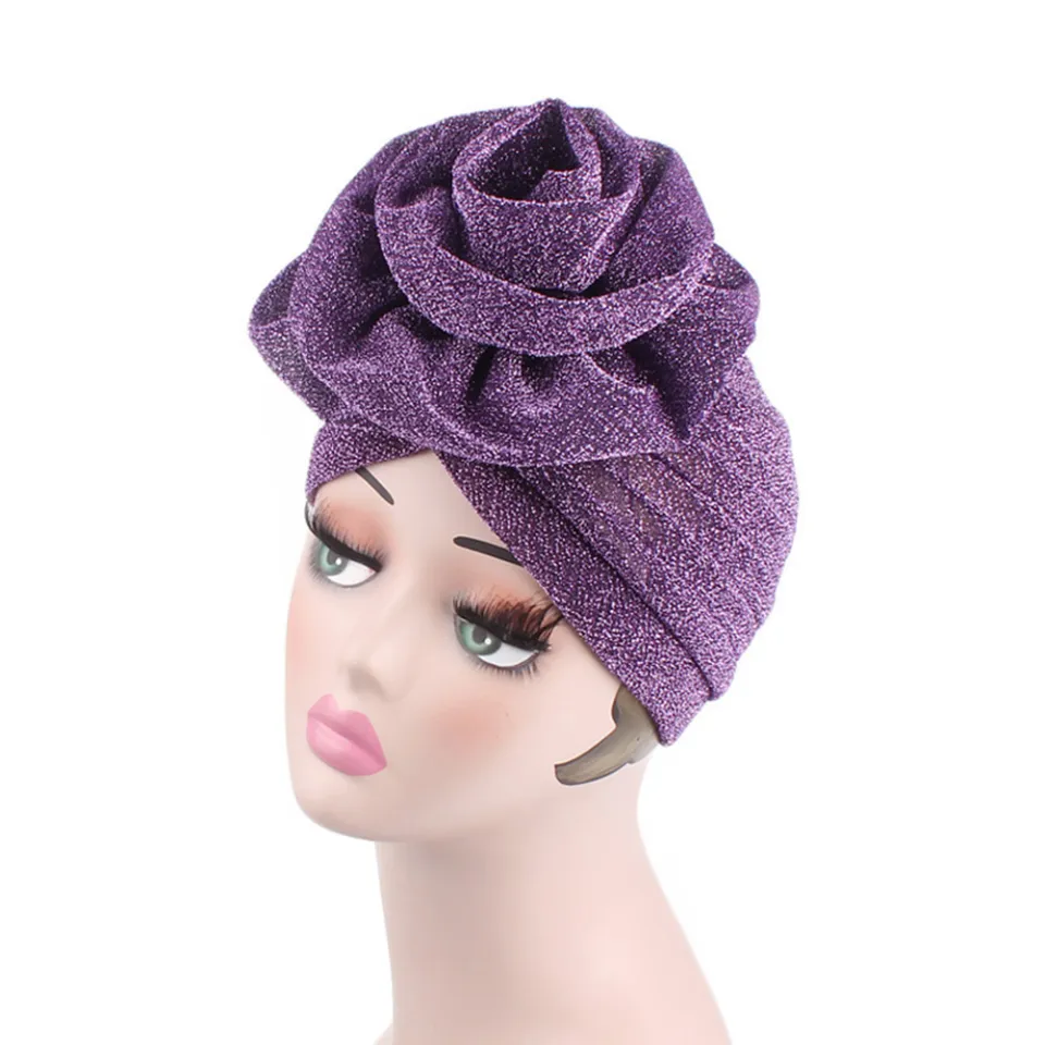 Yfashion Women Turban Elastic Glitter Big Flower Chemo Beanie