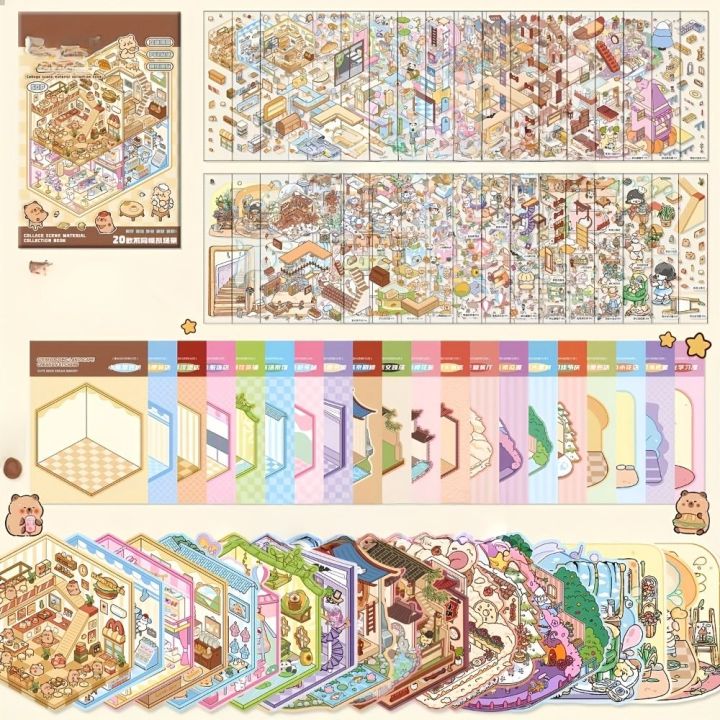 Kawaii 20in1 Landscape Sticker Book Capybara DIY 3D Stickers Scene Set ...