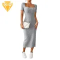 Solid Color Square Neckline Dress Square Neck Knitted Midi Dress for Women Summer Party Commute Dress Women Dress. 